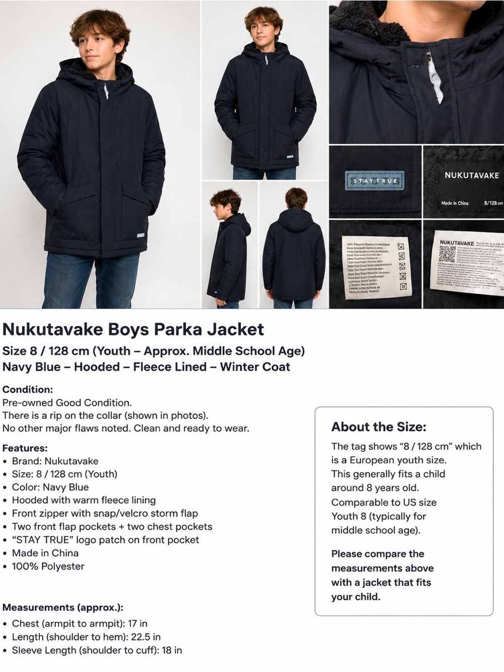 Nukutavake Boys Size 8 Navy Hooded Winter Parka Coat Fleece Lined Warm Jacket
